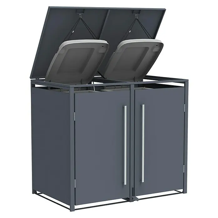 Westmann Mülltonnenbox Pedura inkl. Fußpedal - Stahl, Anthrazit, Geeignet für Anzahl Mülltonnen: 2 Stk. - Dunkelgraue Doppel-Mülltonnenbox aus Metall mit aufklappbaren Deckeln, Fronttüren und Fußpedalen zur Verkleidung von zwei Mülltonnen.
