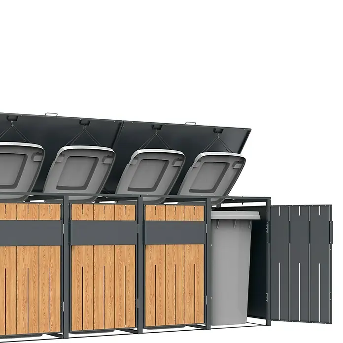 Westmann Mülltonnenbox Varius - Stahl, Anthrazit & Holzoptik, Geeignet für Anzahl Mülltonnen: 5 Stk. - Vier Mülltonnenboxen aus Holzlamellen und dunkelgrauem Rahmen, Deckel geöffnet mit grauen Tonnen. Eine Seitenverkleidung ist ebenfalls offen.