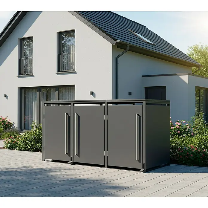 Westmann Mülltonnenbox Pedura inkl. Fußpedal - Stahl, Anthrazit, Geeignet für Anzahl Mülltonnen: 3 Stk. - Dunkelgraue Mülltonnenbox mit drei Türen auf einer gepflasterten Terrasse vor einem modernen Haus.