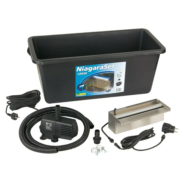 Ubbink Einbau-Wasserfall Niagara LED 30 Set - 12,5 x 30 x 10 cm, Edelstahl, Leuchtmittel: LED - Das NiagaraSet LED30 Wasserspiel-Komplettset: Perfekt für den Garten oder die Terrasse, inklusive Pumpe, Becken und LED-Beleuchtung für stimmungsvolle Akzente.