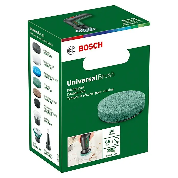 Bosch Mikrofaser-Reinigungspad Küchenpad - Passend für: Bosch Akku-Universalbürste UniversalBrush, 3 Stk. - Drei grüne Bosch UniversalBrush Küchenpads in Verpackung. Ein kleines Bild zeigt die Bürste in Gebrauch.