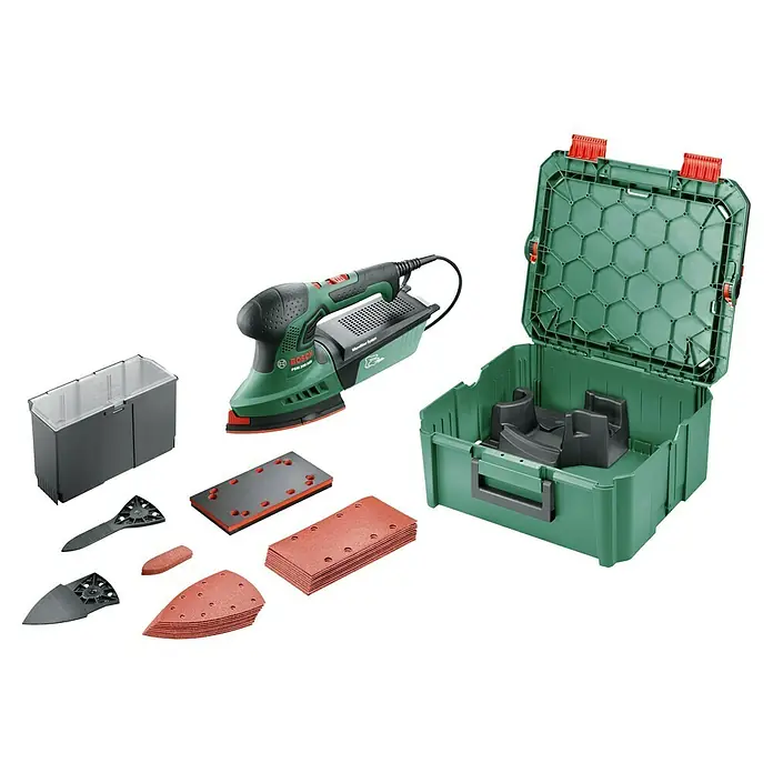 Bosch Elektro-Multischleifer PSM 200 AES SYSTEMBOX - 200 W, Leerlaufschwingzahl: 6.000 U/min - 26.000 U/min, Durchmesser Schwingkreis: 1,8 mm - Bosch PSM 200 AES Multisander in Grün und Schwarz, mit Staubbox, verschiedenen Schleifplatten und -blättern sowie einem grünen Tragekoffer.