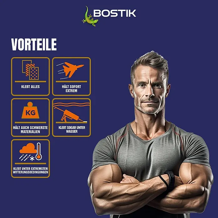 Bostik Montagekleber Mamut Glue - 450 g, Kartusche - Marketingbild, das die extreme Stärke und Vielseitigkeit des Bostik-Klebstoffs hervorhebt, mit einem muskulösen Mann und Piktogrammen.