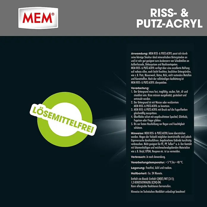 MEM Riss-Acryl und Putz-Acryl - Weiß, 300 ml - MEM RISS- & PUTZ-ACRYL Produktinformationsblatt mit Logo, Produktname, „lösemittelfrei“-Hinweis und detaillierten Anwendungshinweisen.