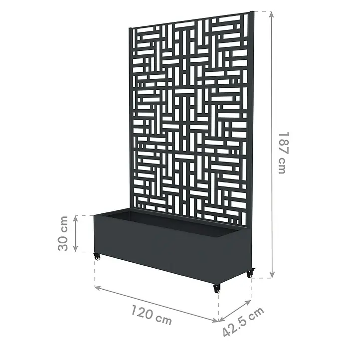 Westmann Pflanzkasten mit Rankgitter Dekora 3 - Außenmaß (L x B x H): 120 x 42,5 x 187 cm, Stahl, Anthrazit - Dunkelgraues Metall-Pflanzgefäß mit integriertem geometrischem Sichtschutz auf Rollen. Gesamthöhe 187cm, Pflanzkasten 120x42.5x30cm.
