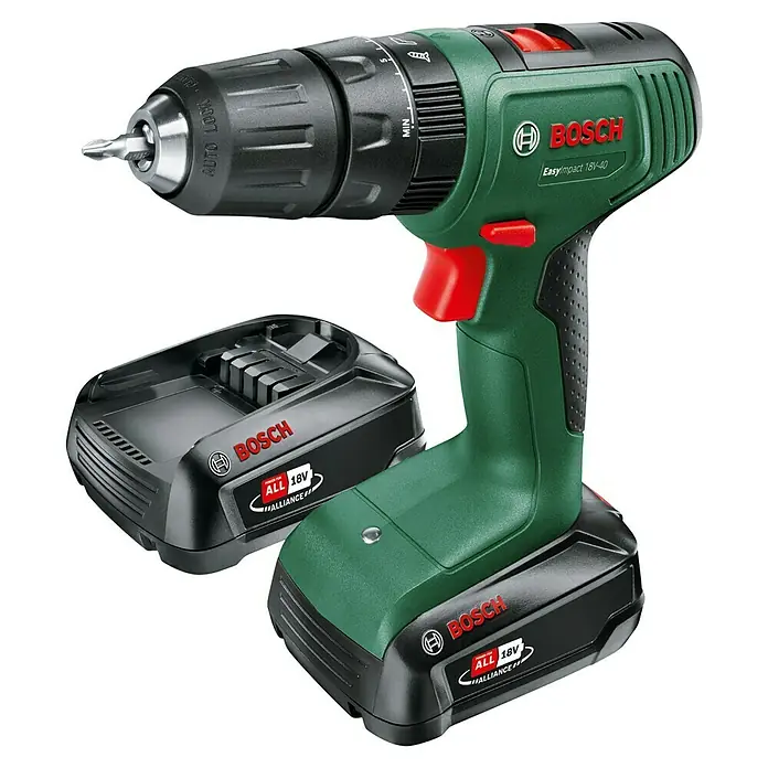 Bosch Power for All 18V Akku-Schlagbohrschrauber EasyImpact 18V-40 - 18 V, 2 Akkus, 2 Ah, 36 Nm - Grüner und schwarzer Bosch EasyImpact 18V-40 Akku-Schlagbohrschrauber mit 18V Akku.