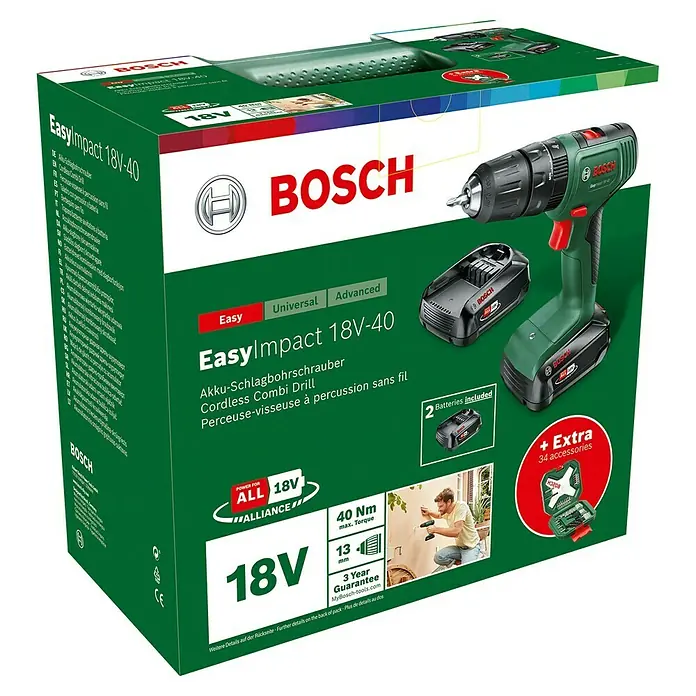 Bosch Power for All 18V Akku-Schlagbohrschrauber EasyImpact 18V-40 - 18 V, 2 Akkus, 2 Ah, 36 Nm - Bosch EasyImpact 18V-40 Akku-Schlagbohrschrauber, grün/schwarz, mit 2 Akkus und 34 Zubehörteilen in der grünen Verpackung.