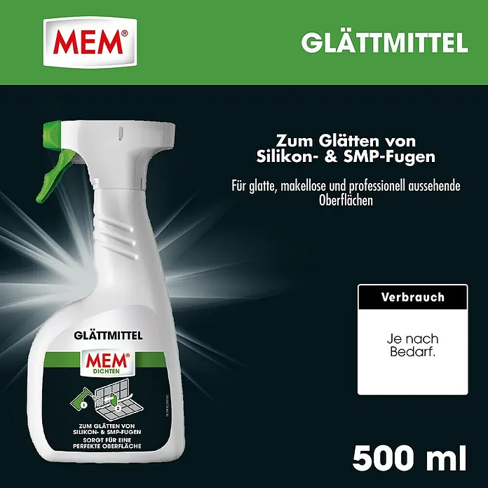 MEM Silikon-Glättmittel - 500 ml - Weiße Sprühflasche mit grünem Abzug, beschriftet MEM Glättmittel, zum Glätten von Silikon- und SMP-Fugen.