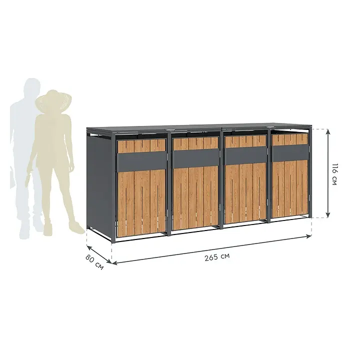 Westmann Mülltonnenbox Varius - Stahl, Anthrazit & Holzoptik, Geeignet für Anzahl Mülltonnen: 4 Stk. - Modulare Mülltonnenbox mit dunkelgrauem Metallrahmen und hellen Holzlamellentüren, 265x80x116 cm.