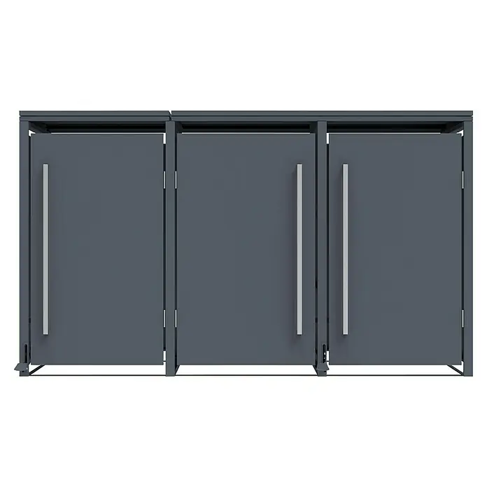 Westmann Mülltonnenbox Pedura inkl. Fußpedal - Stahl, Anthrazit, Geeignet für Anzahl Mülltonnen: 3 Stk. - Drei dunkelgraue Outdoor-Stauboxen aus Metall mit silbernen Griffen.