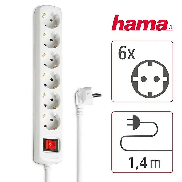 Hama Steckdosenleiste 0030530 - Anzahl Steckdosen: 6 Stück, Kabellänge: 1,4 m, IP20, Weiß, Erhöhter Berührungsschutz, Mit Schalter - Weiße Hama 6-fach Steckdosenleiste mit Schalter und 1,4m Kabel, inklusive abgewinkeltem Stecker.