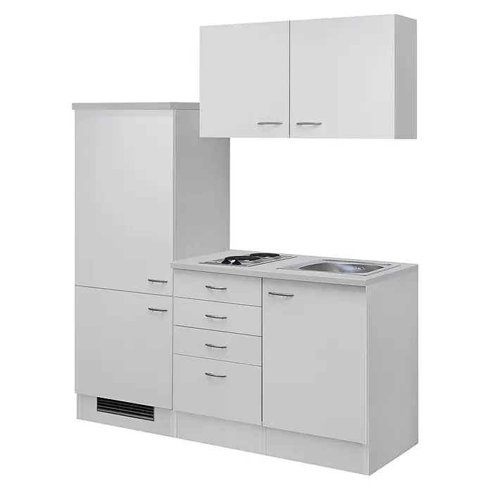 Flex-Well Wito Singleküche - Breite: 160 cm, Weiß, Mit Elektrogeräten - Kompakte weiße Küchenzeile mit Oberschränken, Spüle, Elektroherd, Schubladen und Unterschränken.