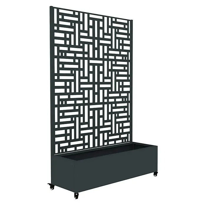 Westmann Pflanzkasten mit Rankgitter Dekora 3 - Außenmaß (L x B x H): 120 x 42,5 x 187 cm, Stahl, Anthrazit - Dunkelgrauer Metall-Sichtschutz mit geometrischem Muster und Pflanzkübel auf Rollen.