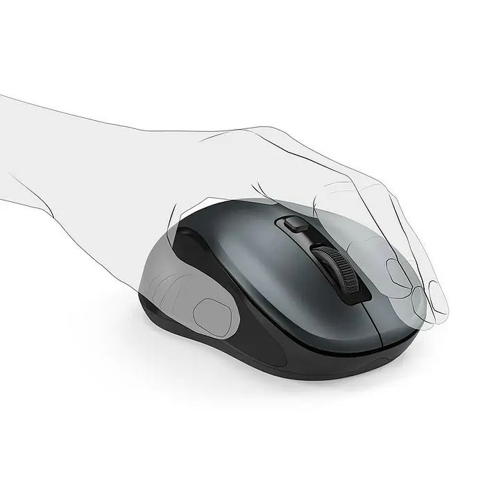 Hama PC-Maus Canosa V2, anthrazit Rechts-und Linkshänder, 3 Tasten - Schwarz, 10,4 x 6 x 3,9 cm - Dunkelgraue und schwarze Computermaus, von einer transparenten Hand gehalten, zeigt ergonomischen Griff.