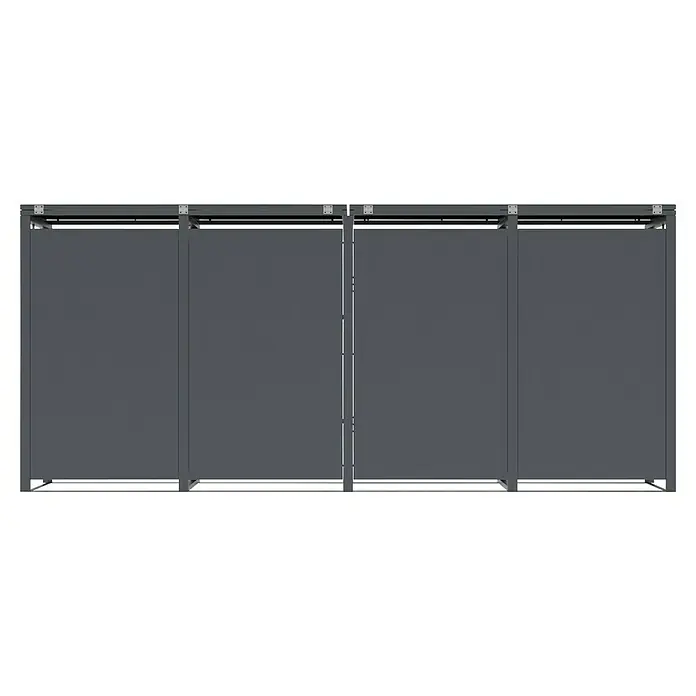 Westmann Mülltonnenbox Varius - Stahl, Anthrazit & Holzoptik, Geeignet für Anzahl Mülltonnen: 4 Stk. - Zwei dunkelgraue Toilettenkabinen mit Decken- und Bodenstützen.