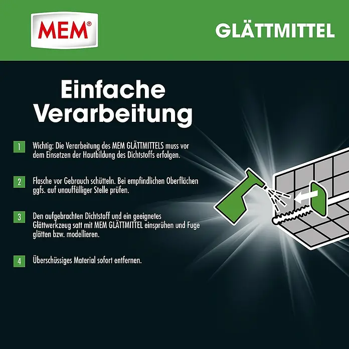 MEM Silikon-Glättmittel - 500 ml - Grüne Sprühflasche trägt Glättmittel auf eine FliesenFuge auf, die dann mit einem Werkzeug geglättet wird.