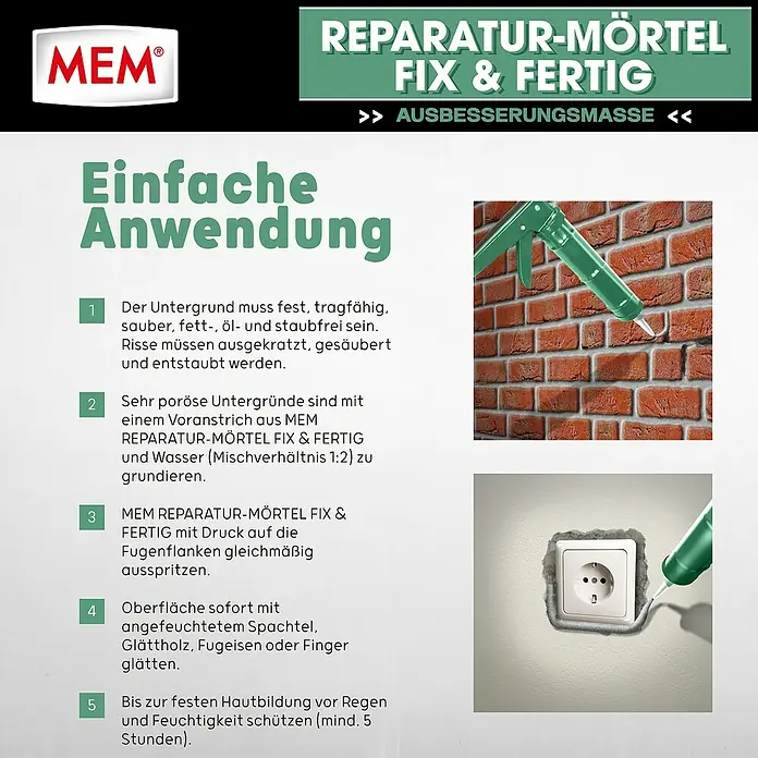 MEM Reparaturmörtel Fix&Fertig - Zementgrau, 300 ml - Reparaturmörtel wird mit einer grünen Kartuschenpistole auf Ziegeln und um eine Steckdose aufgetragen.