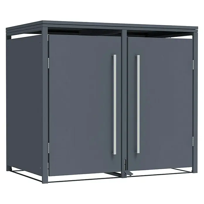 Westmann Mülltonnenbox Pedura inkl. Fußpedal - Stahl, Anthrazit, Geeignet für Anzahl Mülltonnen: 2 Stk. - Dunkelgraues Outdoor-Stauraummodul aus Metall mit zwei Türen und silbernen Griffen.