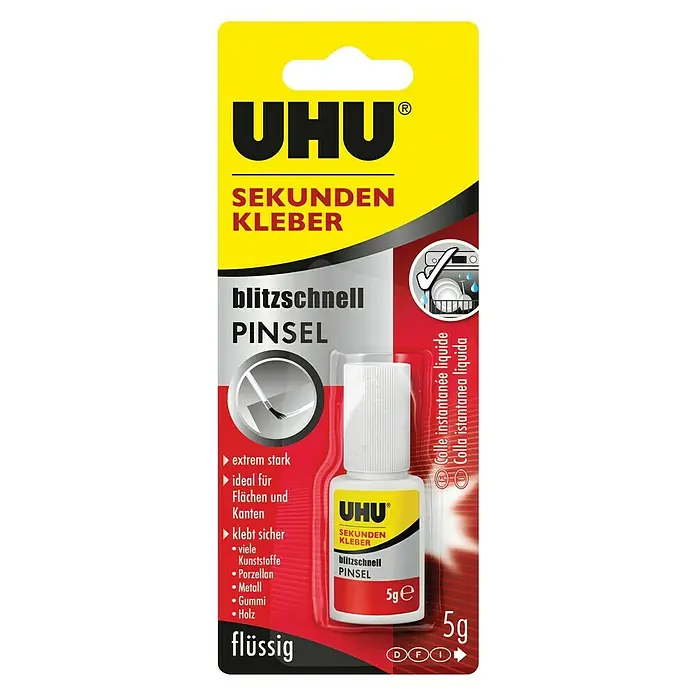 UHU Sekundenkleber Blitzschnell - Inkl. Pinsel, 5 g, Flüssig, Flasche - Bild einer UHU Sekundenkleber-Verpackung mit Pinsel-Applikator, ideal für präzises Kleben verschiedener Materialien, extrem stark und schnelltrocknend.
