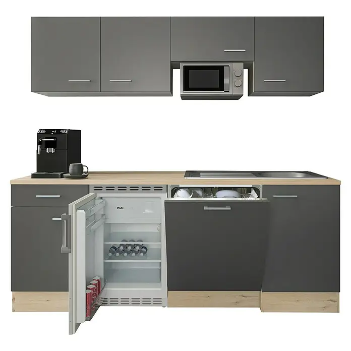 Flex-Well Tiago Singleküche Typ 2 - Breite: 210 cm, Grau, Mit Elektrogeräten - Graue modulare Küchenzeile mit Holzdekor-Arbeitsplatte, integrierter Mikrowelle, Kühlschrank, Geschirrspüler, Kaffeemaschine, Spüle und Kochfeld.