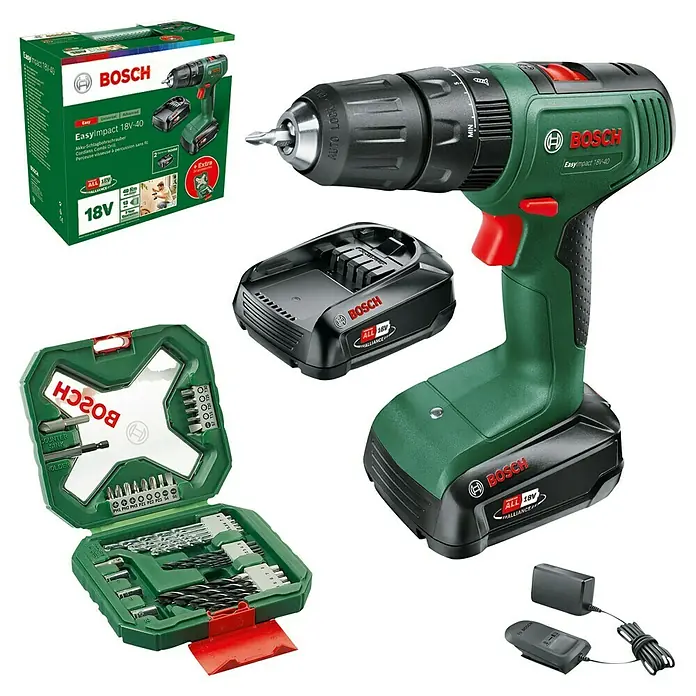 Bosch Power for All 18V Akku-Schlagbohrschrauber EasyImpact 18V-40 - 18 V, 2 Akkus, 2 Ah, 36 Nm - Grünes und schwarzes Bosch EasyImpact 18V-40 Akku-Schlagbohrschrauber-Set mit Akku, Ladegerät, Bohrer-Set und Produktbox.