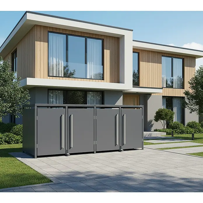 Westmann Mülltonnenbox Pedura inkl. Fußpedal - Stahl, Anthrazit, Geeignet für Anzahl Mülltonnen: 4 Stk. - Eine dunkelgraue Mülltonnenbox aus Metall steht auf einer gepflasterten Einfahrt vor einem modernen Haus und bietet eine diskrete Lösung für die Abfallentsorgung.