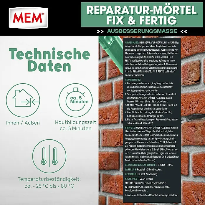 MEM Reparaturmörtel Fix&Fertig - Zementgrau, 300 ml - MEM Reparatur-Mörtel Fix & Fertig Produktdatenblatt, detailliert Spezifikationen und Anwendung.