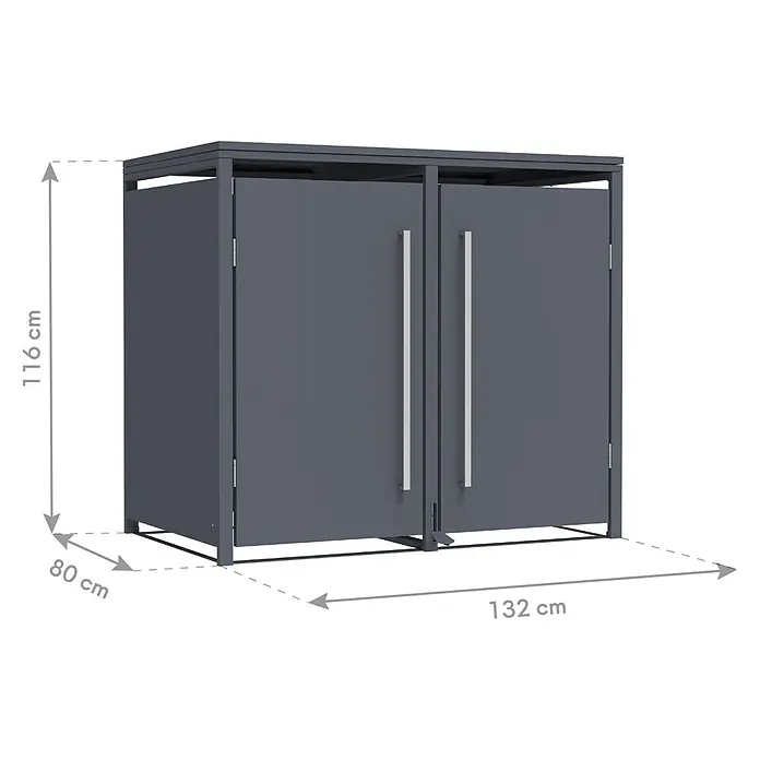 Westmann Mülltonnenbox Pedura inkl. Fußpedal - Stahl, Anthrazit, Geeignet für Anzahl Mülltonnen: 2 Stk. - Dunkelgrauer Outdoor-Stauraumschrank mit zwei Türen und silbernen Griffen.