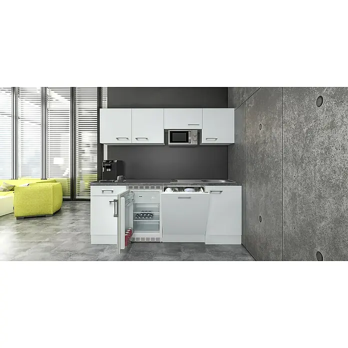 Flex-Well Rom  Singleküche Typ 2 - Breite: 210 cm, Weiß, Mit Elektrogeräten - Kompakte weiße Küchenzeile mit Mikrowelle, Kaffeemaschine, Minikühlschrank und Geschirrspüler in modernem Wohnraum.