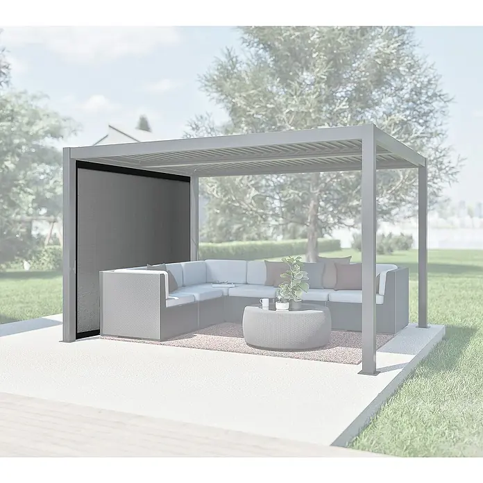 Sojag Seitenteil Milo - L x B x H: 5 x 269 x 211 cm, Metall - Moderne graue Pergola mit ausfahrbarem Sichtschutz, möbliert als Sitzbereich im Freien.