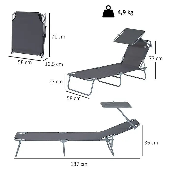 Outsunny Gartenliege Grau, 187cm x 58cm x 36cm - Grau, Metall