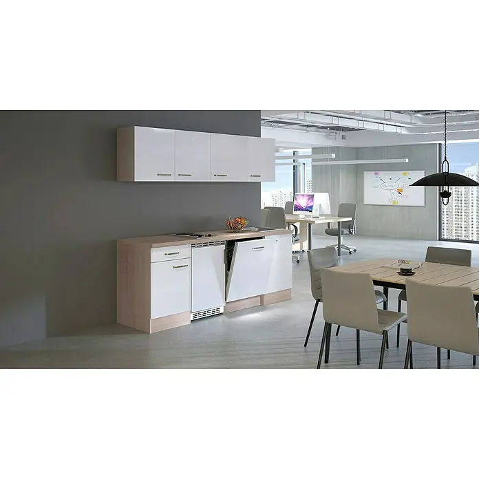 Flex-Well Valero Singleküche - Breite: 210 cm, Weiß, Mit 2-Platten-Kochfeld - Kompakte weiße und helle Holzküchenzeile mit Kochfeld, Spüle und Geschirrspüler, in einem modernen Büro integriert.