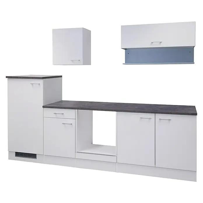 Flex-Well Lucca Küchenleerblock - Breite: 270 cm, Weiß, Anzahl Küchenkomponenten: 7 Stk., Ohne Elektrogeräte - Weiße Küchenschränke mit dunkelgrauen Arbeitsplatten und silbernen Griffen.