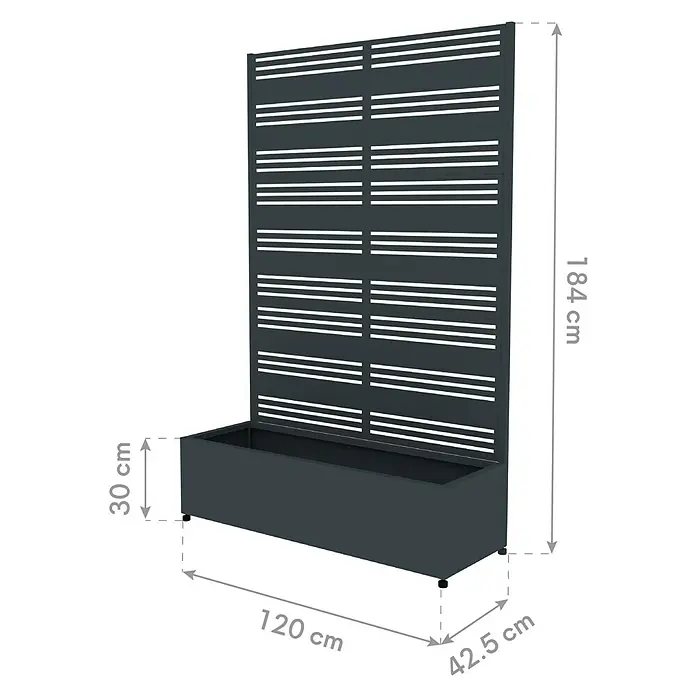 Westmann Pflanzkasten mit Rankgitter Dekora 2 - Außenmaß (L x B x H): 120 x 42,5 x 184 cm, Stahl, Anthrazit - Dunkelgrauer Pflanzkübel mit integriertem Lamellen-Sichtschutz, Gesamthöhe 184 cm. Pflanzkübel: 120 cm lang, 42,5 cm breit, 30 cm hoch.