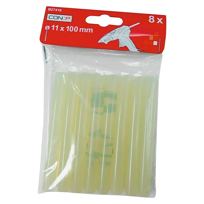 Connex Barras termoadhesivas B27416 - 8 ud., Diámetro cartucho de cola: 11 mm - Un paquete de ocho barras de pegamento termofusible de 11 x 100 mm de Con:P en un embalaje de plástico transparente.