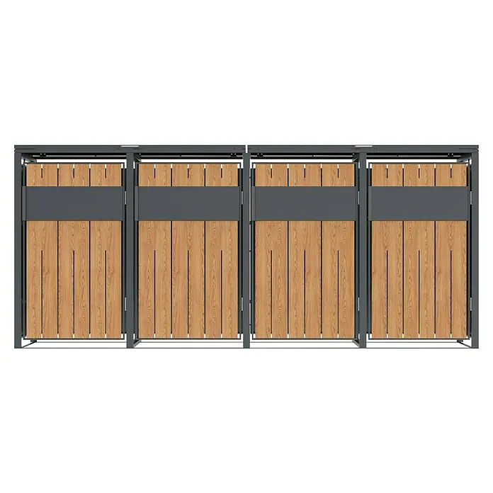 Westmann Mülltonnenbox Varius - Stahl, Anthrazit & Holzoptik, Geeignet für Anzahl Mülltonnen: 4 Stk. - Modulares Zaunsystem mit hellen Holzpaneelen und dunkelgrauen Metallrahmen.