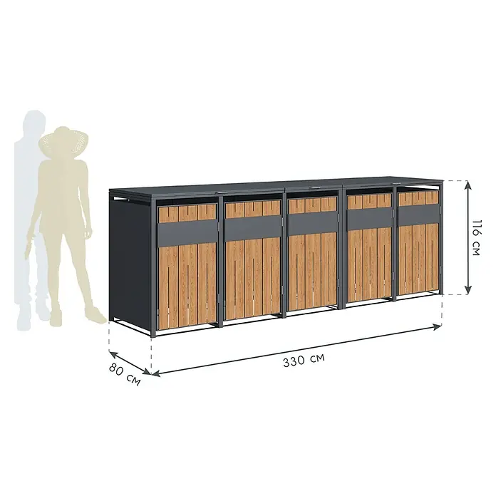 Westmann Mülltonnenbox Varius - Stahl, Anthrazit & Holzoptik, Geeignet für Anzahl Mülltonnen: 5 Stk. - Langes, mehrteiliges Mülltonnenhaus aus dunkelgrauem Metall und Holz (330x80x116 cm), mit Person zur Größenanzeige.
