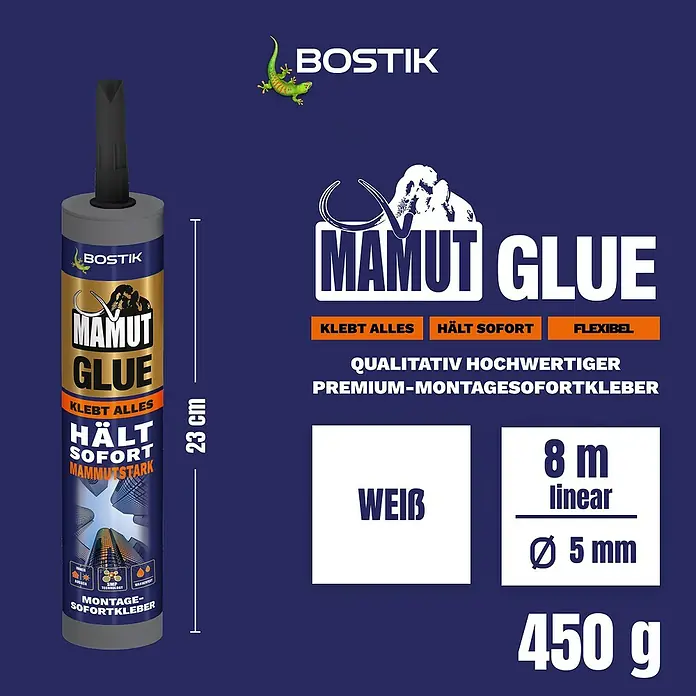 Bostik Montagekleber Mamut Glue - 450 g, Kartusche - Bostik Mamut Glue Kartusche (450g, 23cm) für starken, sofortigen, flexiblen weißen Klebstoff, ergibt 8m linear bei 5mm.