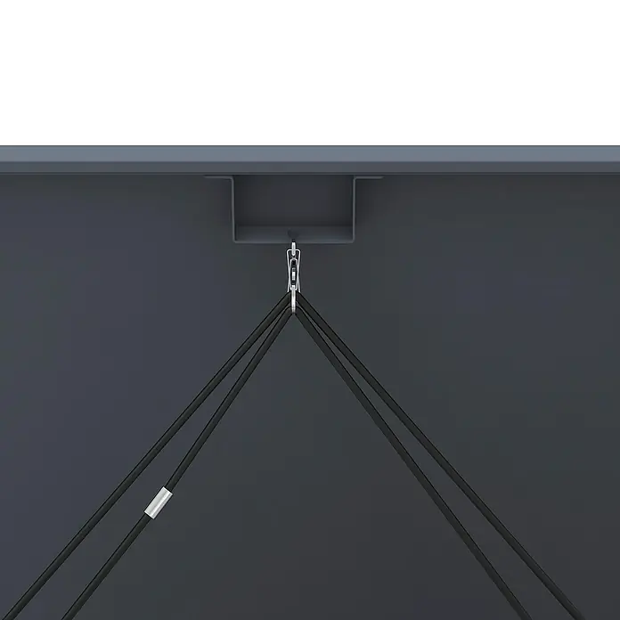 Westmann Mülltonnenbox Pedura inkl. Fußpedal - Stahl, Anthrazit, Geeignet für Anzahl Mülltonnen: 4 Stk. - Silberner Aufhängehaken mit zwei schwarzen Kabeln, eines mit silbernem Stopper, an dunklem Panel befestigt.