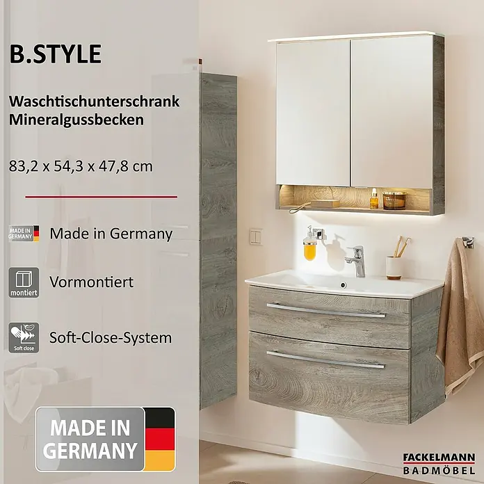 Fackelmann B.style Badmöbel-Set - Gesamtbreite Badmöbel: 83,2 cm, Nature Oak Holzoptik - Waschtischunterschrank mit Mineralgussbecken und passendem Spiegelschrank in heller Holzoptik, vormontiert mit Soft-Close-System.