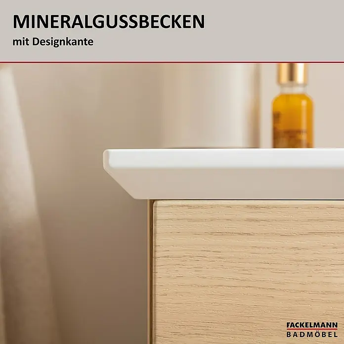 Fackelmann B.style Badmöbel-Set - Gesamtbreite Badmöbel: 63,2 cm, Sandeiche - Mineralgussbecken mit Designkante auf hellem Waschtischunterschrank aus Holz.
