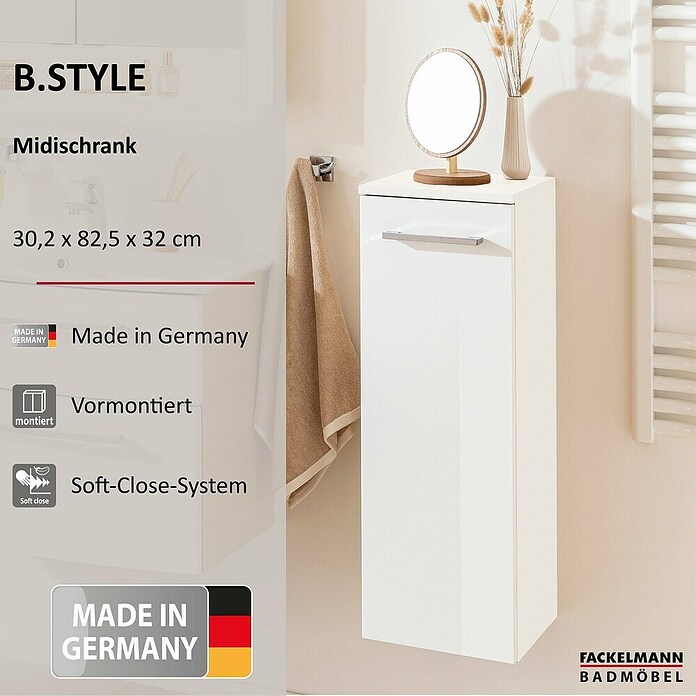 Fackelmann B.style Midischrank (1-türig, B x T x H: 30,2 x 32 x 82,6 cm, Anschlag: Rechts, Weiß Hochglanz) | BAUHAUS