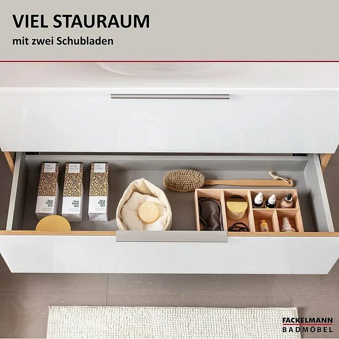 Fackelmann B.brillant Badmöbel-Set - Gesamtbreite Badmöbel: 80 cm, Mit Glasbecken, Weiß, Waschbecken aus Glas - Weißer Badschrank mit zwei Schubladen, eine offen mit Pflegeprodukten, betont großen Stauraum.