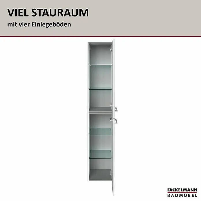 Fackelmann B.style Bad-Hochschrank - B x T x H: 30 x 31,8 x 162 cm, Weiß, DIN Anschlag: Rechts - Weißer Badhochschrank mit offener Tür, vier Einlegeböden (drei Glas, einer grau) für viel Stauraum.