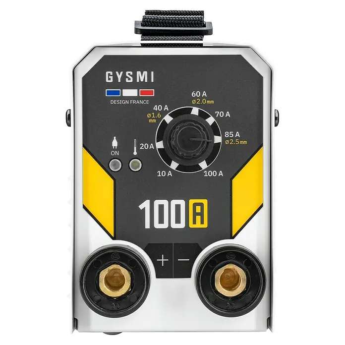 Gys Schweißgerät GYSMI100A - Schweißstrom: 10 A - 100 A, L x B x H: 21 x 13 x 10 cm - Weiß-schwarzes GYSMI 100A Inverter-Schweißgerät mit gelben Akzenten, Drehregler, Anzeigen und vorderen Anschlussbuchsen.
