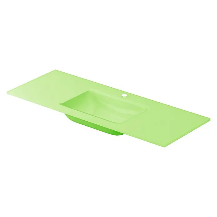Lavabo Cristal - 121 x 46 cm, Orificios para grifo: Medio, Sin desbordamiento, Verde - Esta toma captura un lavabo verde con encimera, mostrando su estética de diseño moderna y colorida.