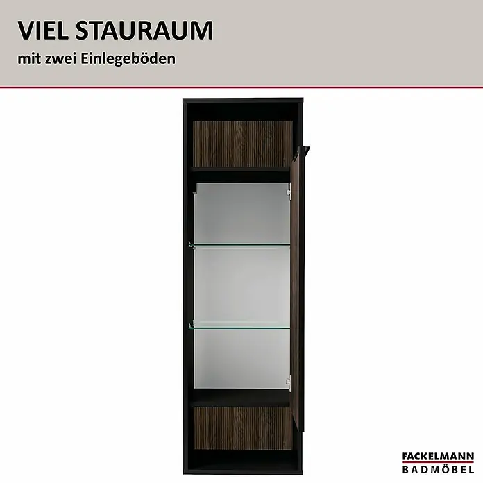 Fackelmann B.Paris Bad-Midischrank - B x T x H: 40,2 x 32 x 125,7 cm, Rigoletto, DIN Anschlag: Rechts - Dunkelbrauner, hoher Badschrank mit teilweise geöffneter Tür, zwei Glasböden, Spiegel und zwei Holzfächern.