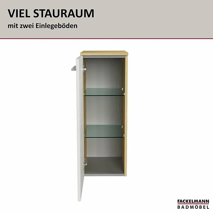Fackelmann B.style Bad-Midischrank - B x T x H: 30,2 x 32 x 82,6 cm, Sandeiche/Weiß, DIN Anschlag: Links - Weißer und hellholzfarbener Badschrank, offen mit zwei Glasböden.