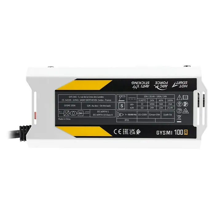 Gys Schweißgerät GYSMI100A - Schweißstrom: 10 A - 100 A, L x B x H: 21 x 13 x 10 cm - Weiß-gelber GYSMI 100A Schweißinverter mit sichtbarem technischen Datenblatt.