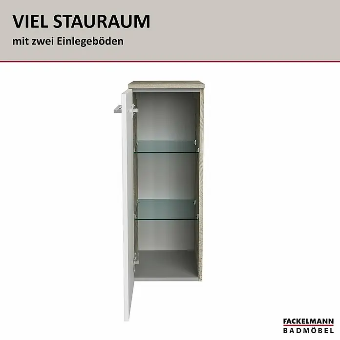 Fackelmann B.style Bad-Midischrank - B x T x H: 30,2 x 32 x 82,6 cm, Nature Oak Holzoptik/Weiß, DIN Anschlag: Links - Weißer Bad-Wandschrank mit heller Holzmaserung, teiloffen, mit zwei Klarglasböden für viel Stauraum.